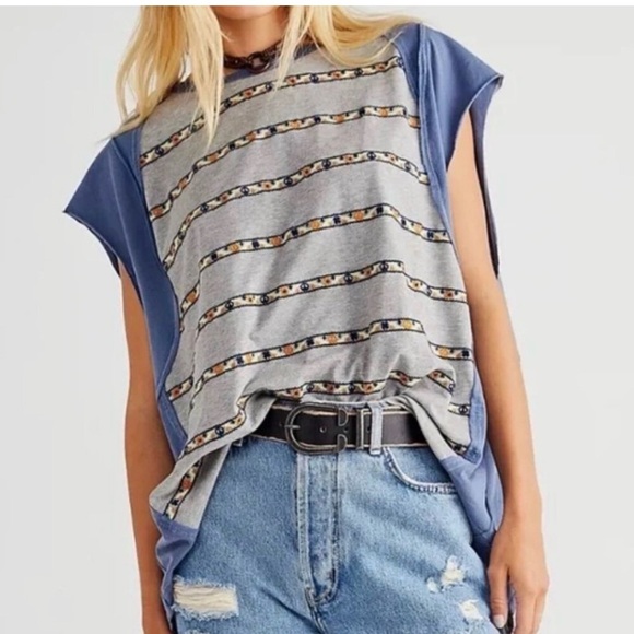 Free People Tops - Free People Blue/Gray Groovy Embroidered Stripe Oversized Tee